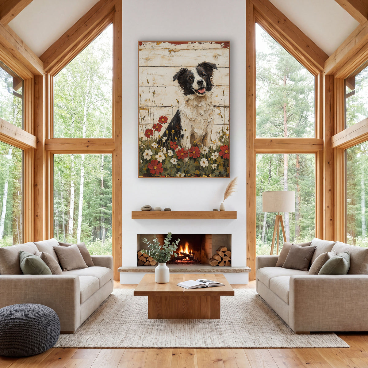 Happy Collie Pup Red Flowers Farmhouse wall art in a farmhouse-style room – black and white border collie sitting