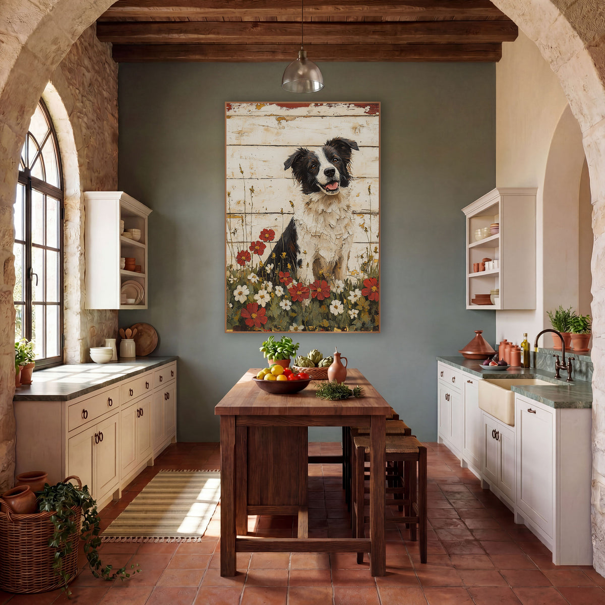 Happy Collie Pup Red Flowers Farmhouse wall art in a farmhouse-style room – black and white border collie sitting
