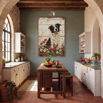 Happy Collie Pup Red Flowers Farmhouse wall art in a farmhouse-style room – black and white border collie sitting