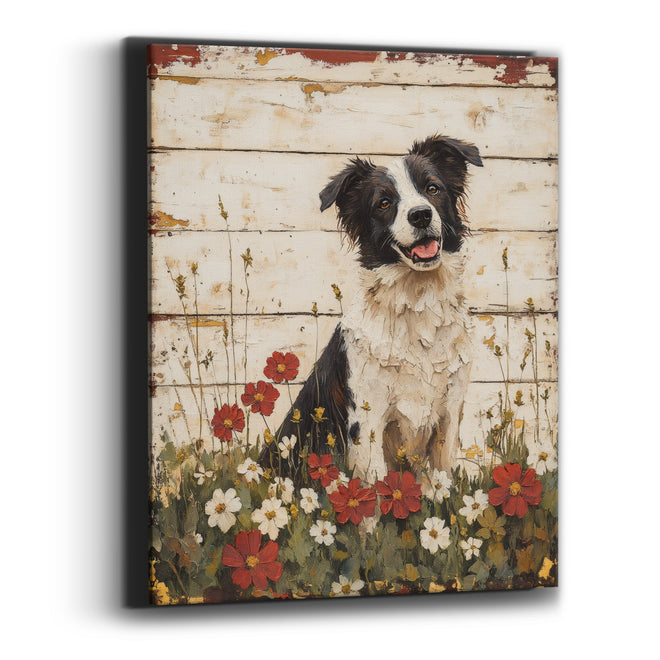 Happy Collie Pup Red Flowers Farmhouse Canvas Wall Art