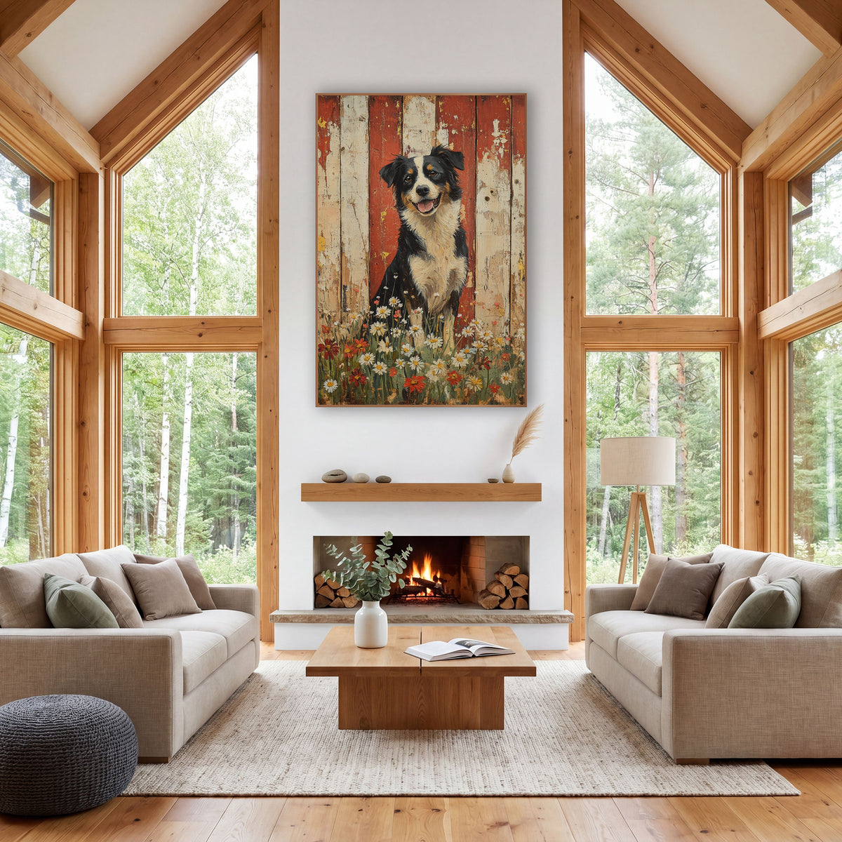 Border Collie Daisy Meadow Farmhouse wall art in a farmhouse-style room – smiling border collie sitting among white