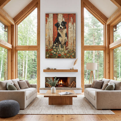 Border Collie Daisy Meadow Farmhouse wall art in a farmhouse-style room – smiling border collie sitting among white