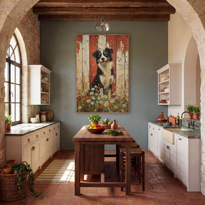Border Collie Daisy Meadow Farmhouse wall art in a farmhouse-style room – smiling border collie sitting among white