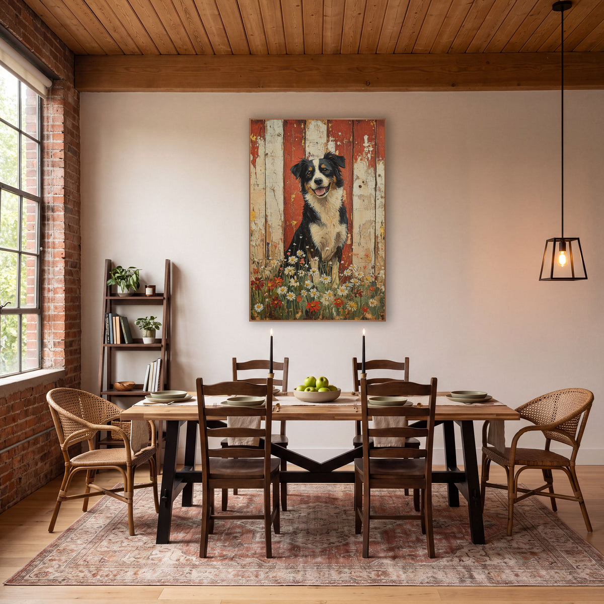 Border Collie Daisy Meadow Farmhouse wall art in a farmhouse-style room – smiling border collie sitting among white