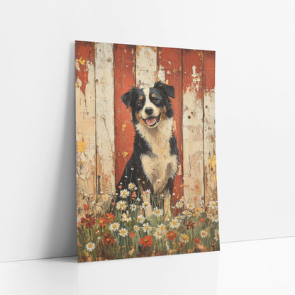 Border Collie Daisy Meadow Farmhouse art print leaning against a white wall – smiling border collie sitting among white