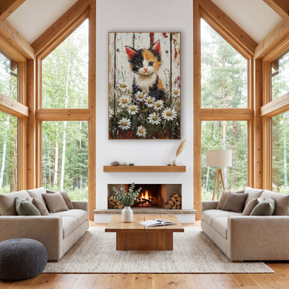 Calico Kitten Daisy Farmhouse Rustic wall art in a farmhouse-style room – calico kitten with green eyes among white