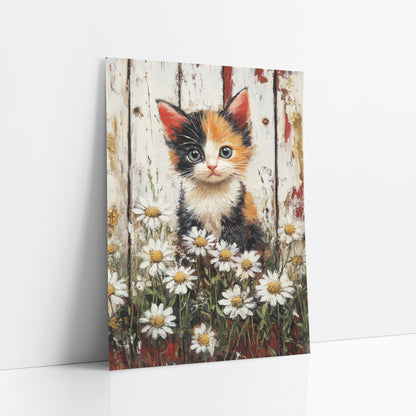 Calico Kitten Daisy Farmhouse Rustic art print leaning against a white wall – calico kitten with green eyes among white