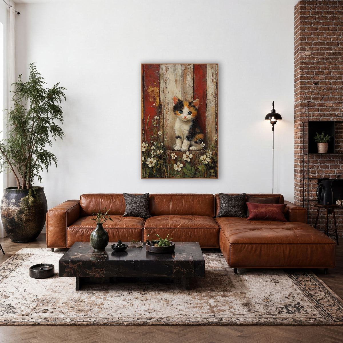 Calico Kitten Red Barn Farmhouse wall art in a farmhouse-style room – calico kitten with green eyes sitting among