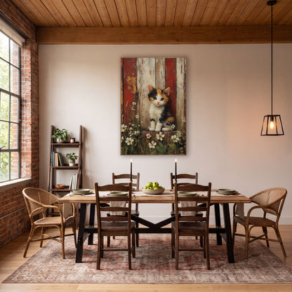 Calico Kitten Red Barn Farmhouse wall art in a farmhouse-style room – calico kitten with green eyes sitting among