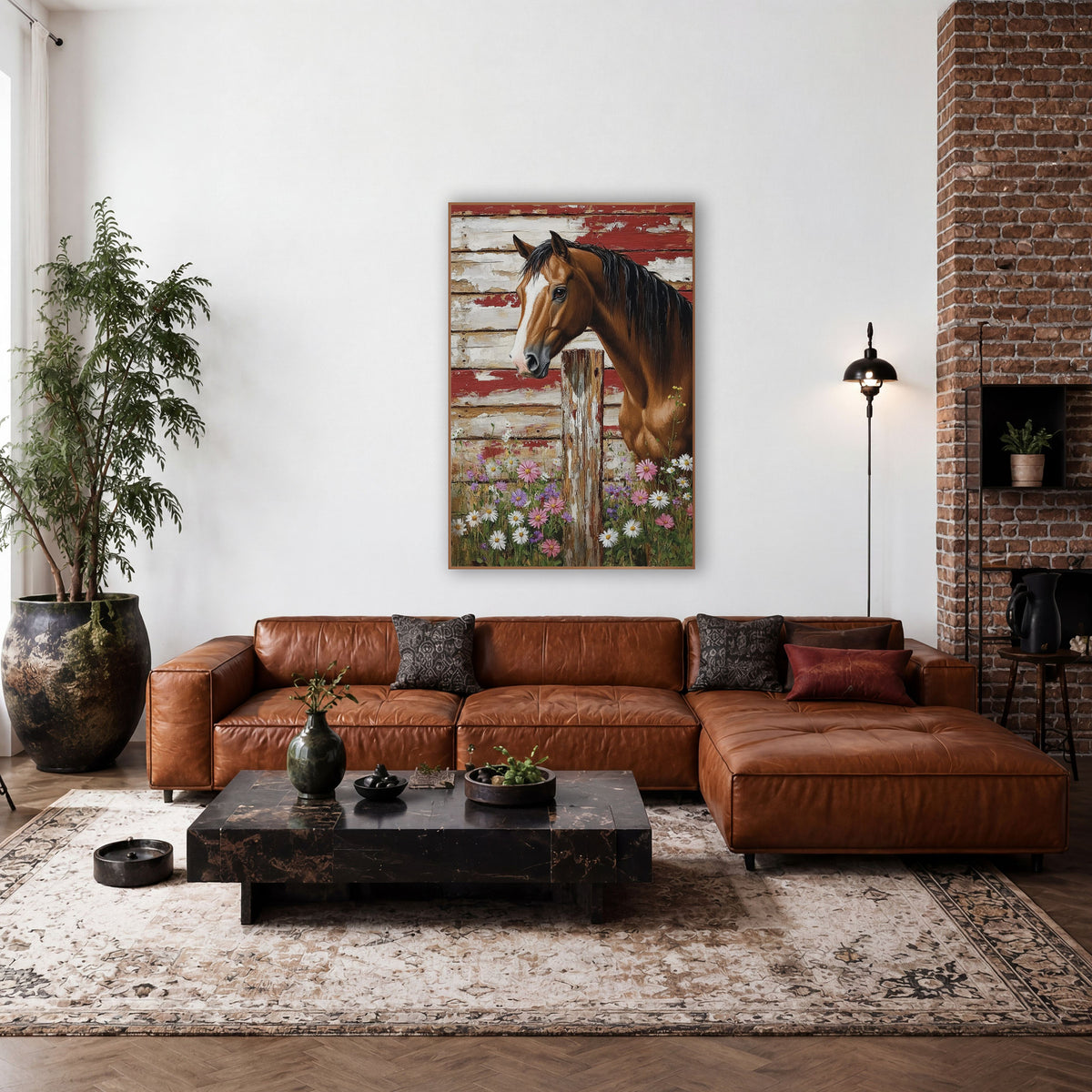 Chestnut Horse Wildflower Farmhouse wall art in a farmhouse-style room – chestnut horse with white blaze