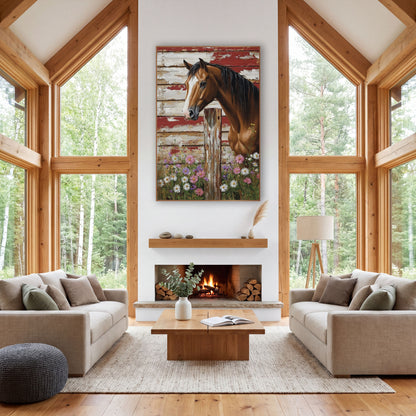 Chestnut Horse Wildflower Farmhouse wall art in a farmhouse-style room – chestnut horse with white blaze
