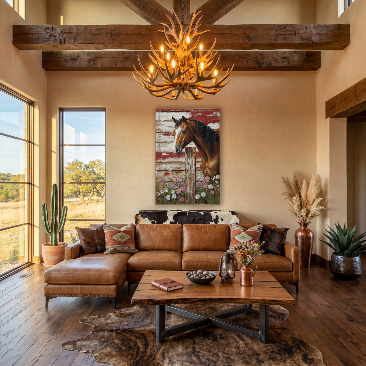 Chestnut Horse Wildflower Farmhouse wall art in a farmhouse-style room – chestnut horse with white blaze