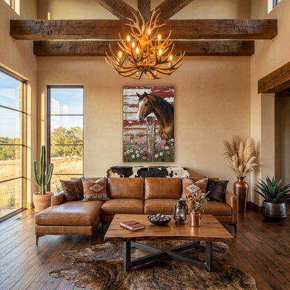 Chestnut Horse Wildflower Farmhouse wall art in a farmhouse-style room – chestnut horse with white blaze