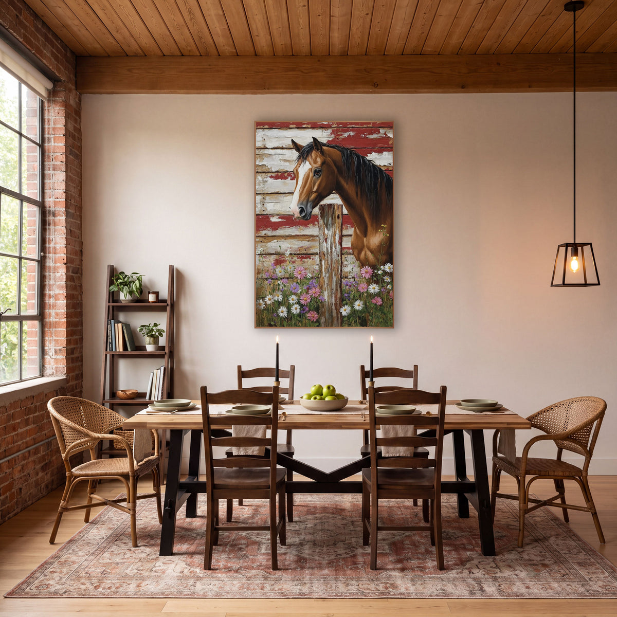 Chestnut Horse Wildflower Farmhouse wall art in a farmhouse-style room – chestnut horse with white blaze