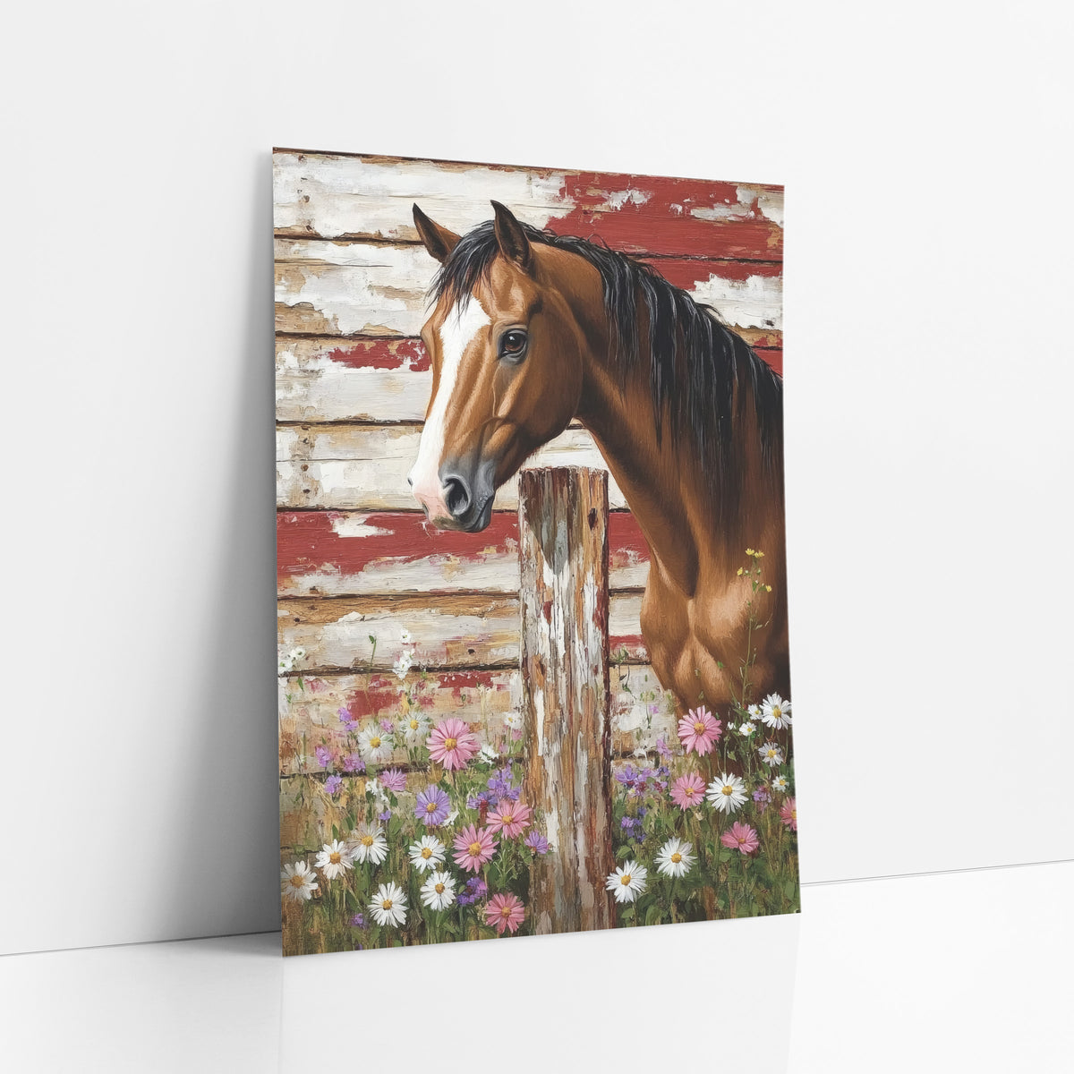 Chestnut Horse Wildflower Farmhouse art print leaning against a white wall – chestnut horse with white blaze