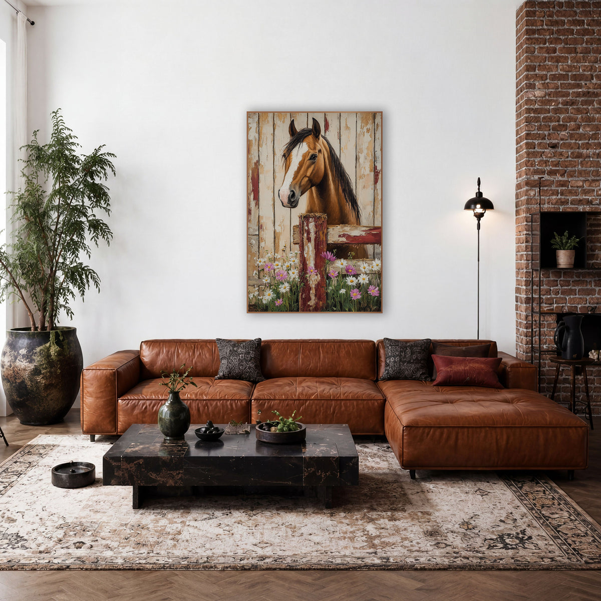 Buckskin Horse Pink Cosmos Rustic wall art in a farmhouse-style room – chestnut horse with white blaze looking