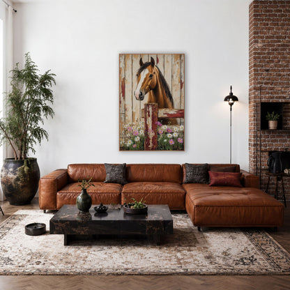 Buckskin Horse Pink Cosmos Rustic wall art in a farmhouse-style room – chestnut horse with white blaze looking