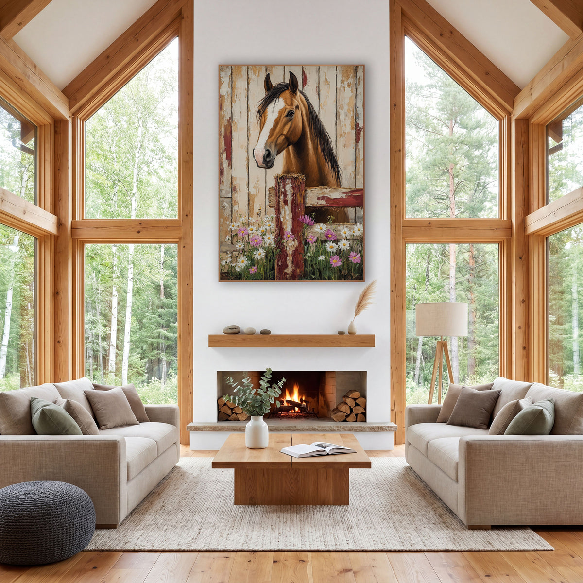 Buckskin Horse Pink Cosmos Rustic wall art in a farmhouse-style room – chestnut horse with white blaze looking