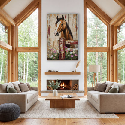 Buckskin Horse Pink Cosmos Rustic wall art in a farmhouse-style room – chestnut horse with white blaze looking