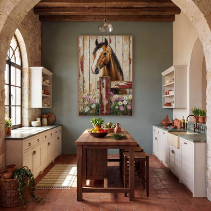 Buckskin Horse Pink Cosmos Rustic wall art in a farmhouse-style room – chestnut horse with white blaze looking