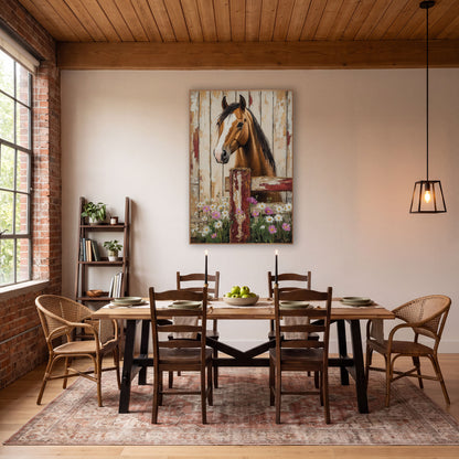 Buckskin Horse Pink Cosmos Rustic wall art in a farmhouse-style room – chestnut horse with white blaze looking