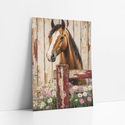 Buckskin Horse Pink Cosmos Rustic art print leaning against a white wall – chestnut horse with white blaze looking