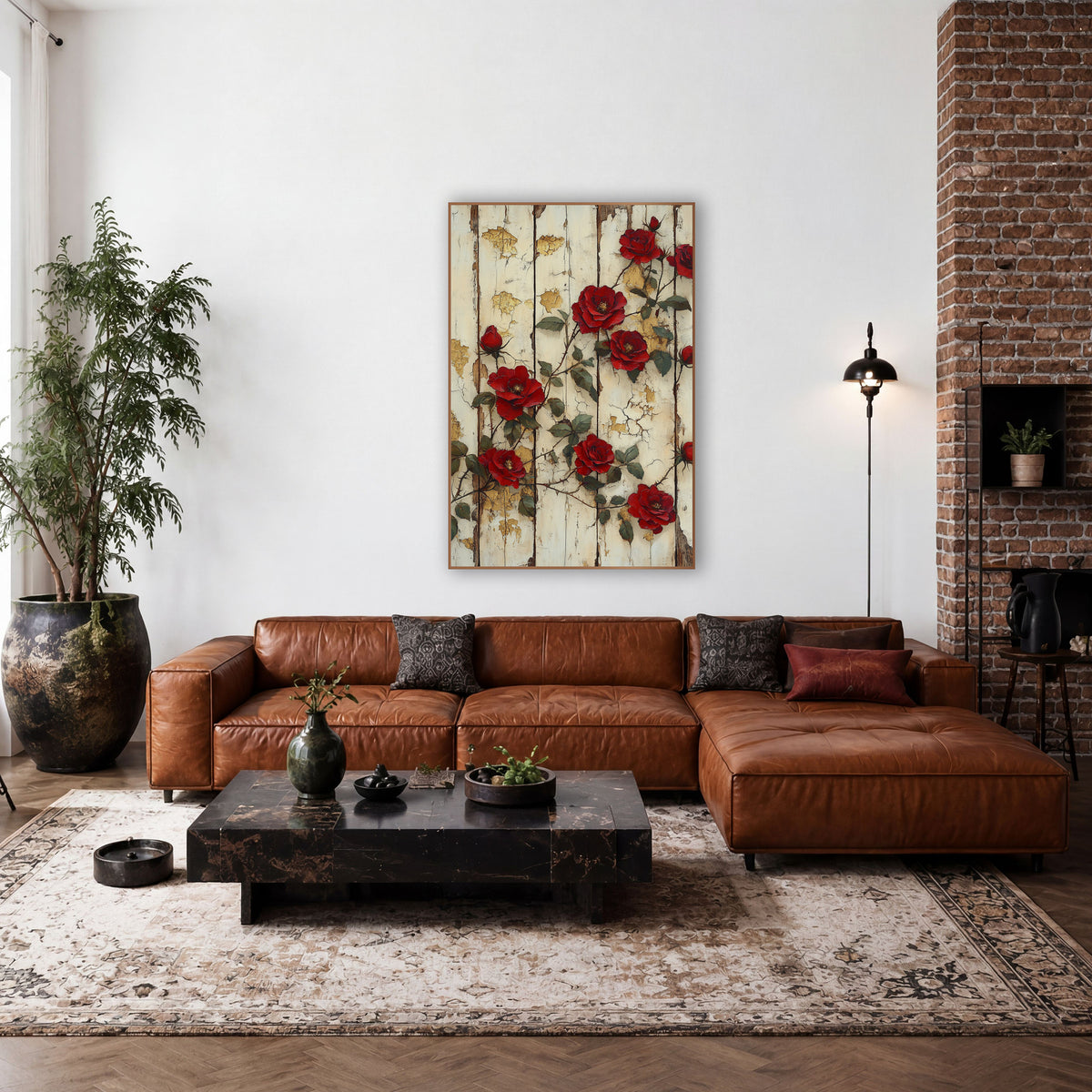Scattered Crimson Rosevines Gilded Planks wall art in a farmhouse-style room – deep red climbing roses and buds