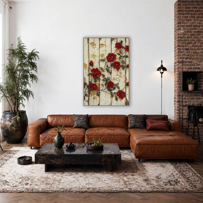 Scattered Crimson Rosevines Gilded Planks wall art in a farmhouse-style room – deep red climbing roses and buds