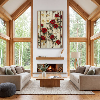 Scattered Crimson Rosevines Gilded Planks wall art in a farmhouse-style room – deep red climbing roses and buds
