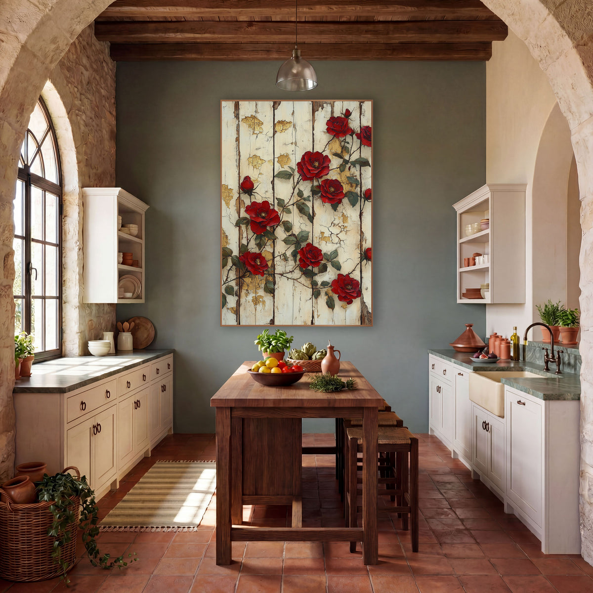 Scattered Crimson Rosevines Gilded Planks wall art in a farmhouse-style room – deep red climbing roses and buds