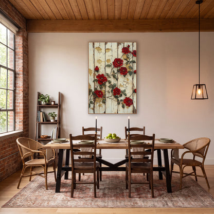 Scattered Crimson Rosevines Gilded Planks wall art in a farmhouse-style room – deep red climbing roses and buds