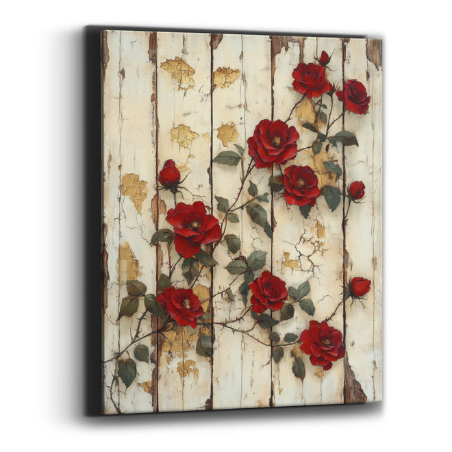 Scattered Crimson Rosevines Gilded Planks Canvas Wall Art