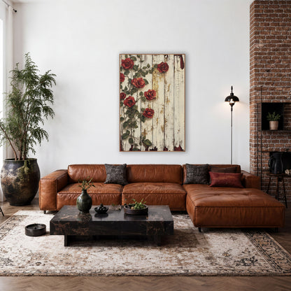 Left-Climbing Burgundy Roses Cracked Planks wall art in a farmhouse-style room – red climbing roses with green leaves