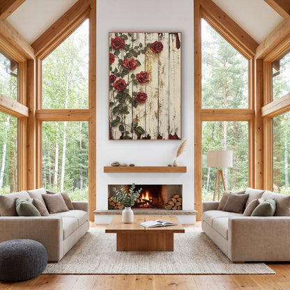 Left-Climbing Burgundy Roses Cracked Planks wall art in a farmhouse-style room – red climbing roses with green leaves