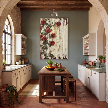 Left-Climbing Burgundy Roses Cracked Planks wall art in a farmhouse-style room – red climbing roses with green leaves