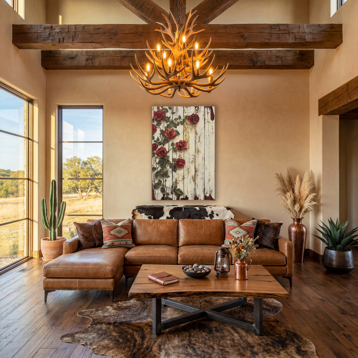 Left-Climbing Burgundy Roses Cracked Planks wall art in a farmhouse-style room – red climbing roses with green leaves
