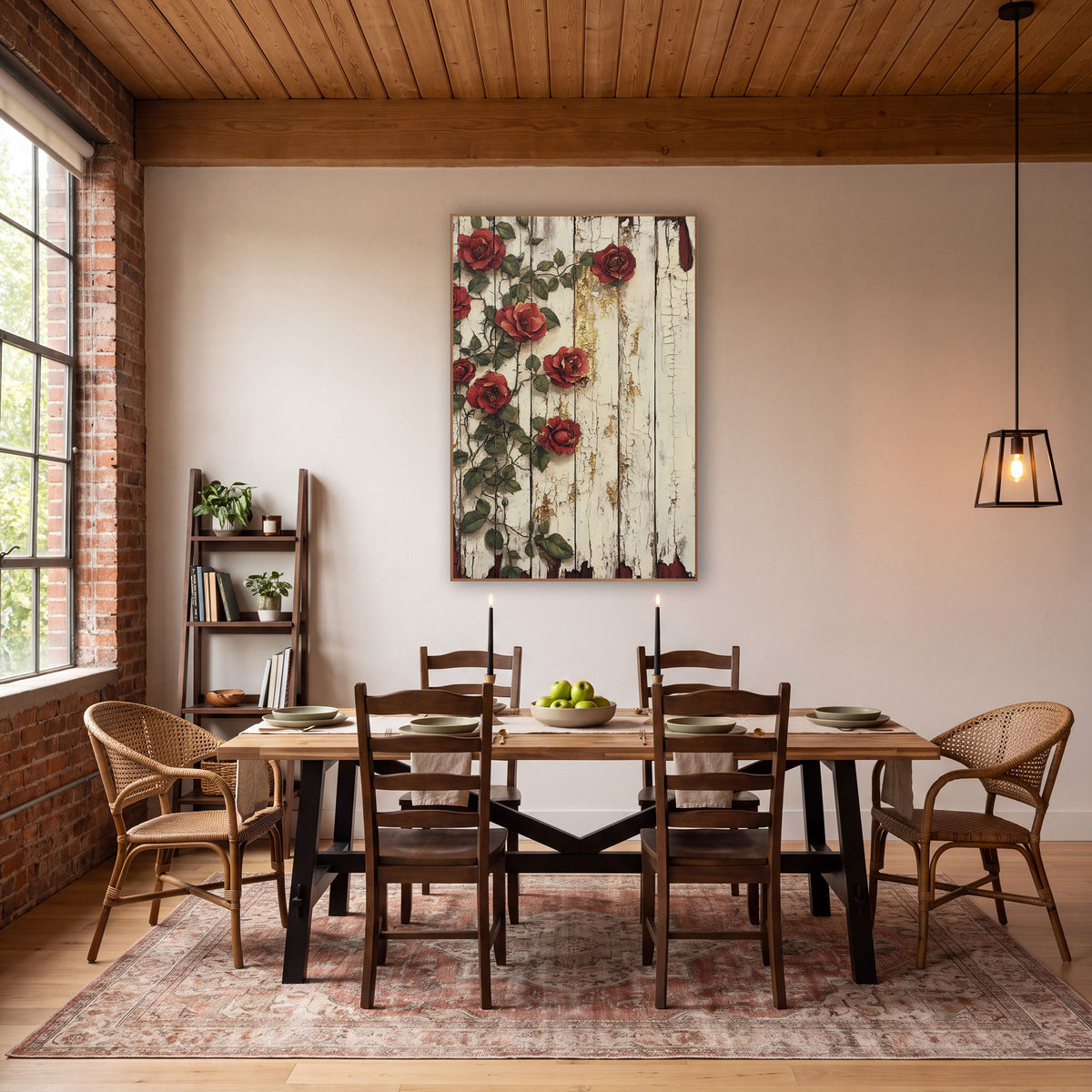 Left-Climbing Burgundy Roses Cracked Planks wall art in a farmhouse-style room – red climbing roses with green leaves
