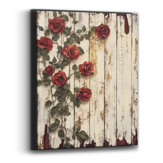 Left-Climbing Burgundy Roses Cracked Planks Canvas Wall Art