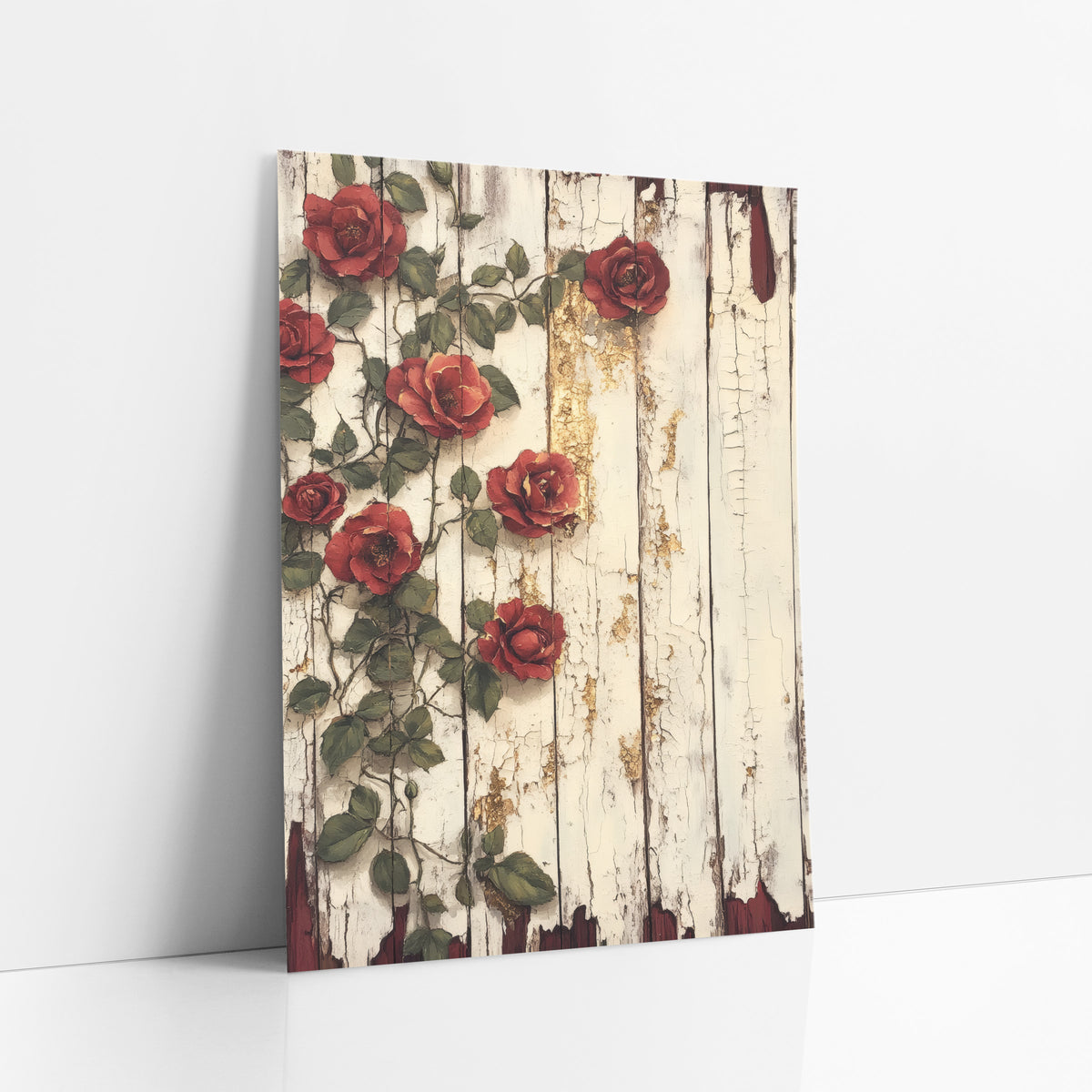 Left-Climbing Burgundy Roses Cracked Planks art print leaning against a white wall – red climbing roses with green leaves