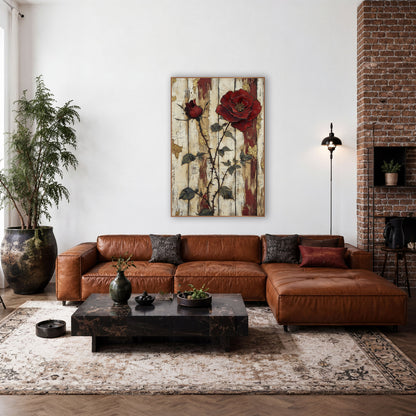 Crimson Rose Rustic Plank Botanical wall art in a farmhouse-style room – large crimson rose and rosebud on thorny