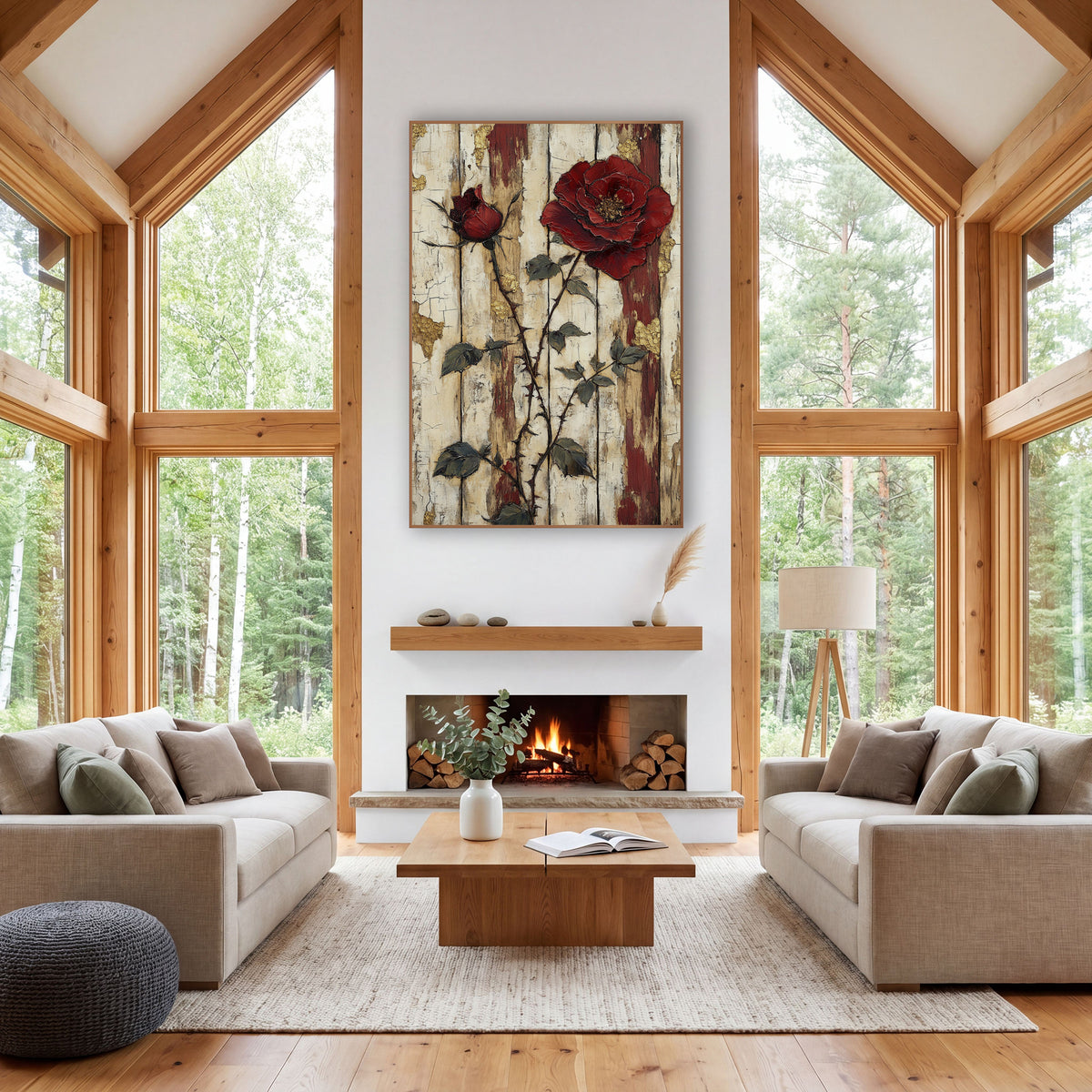 Crimson Rose Rustic Plank Botanical wall art in a farmhouse-style room – large crimson rose and rosebud on thorny