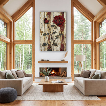 Crimson Rose Rustic Plank Botanical wall art in a farmhouse-style room – large crimson rose and rosebud on thorny