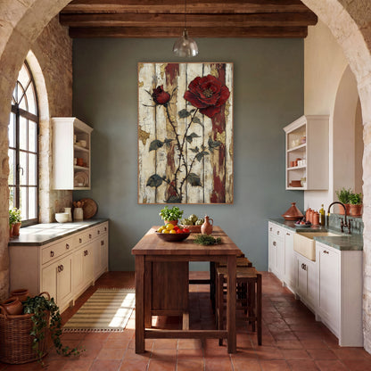 Crimson Rose Rustic Plank Botanical wall art in a farmhouse-style room – large crimson rose and rosebud on thorny