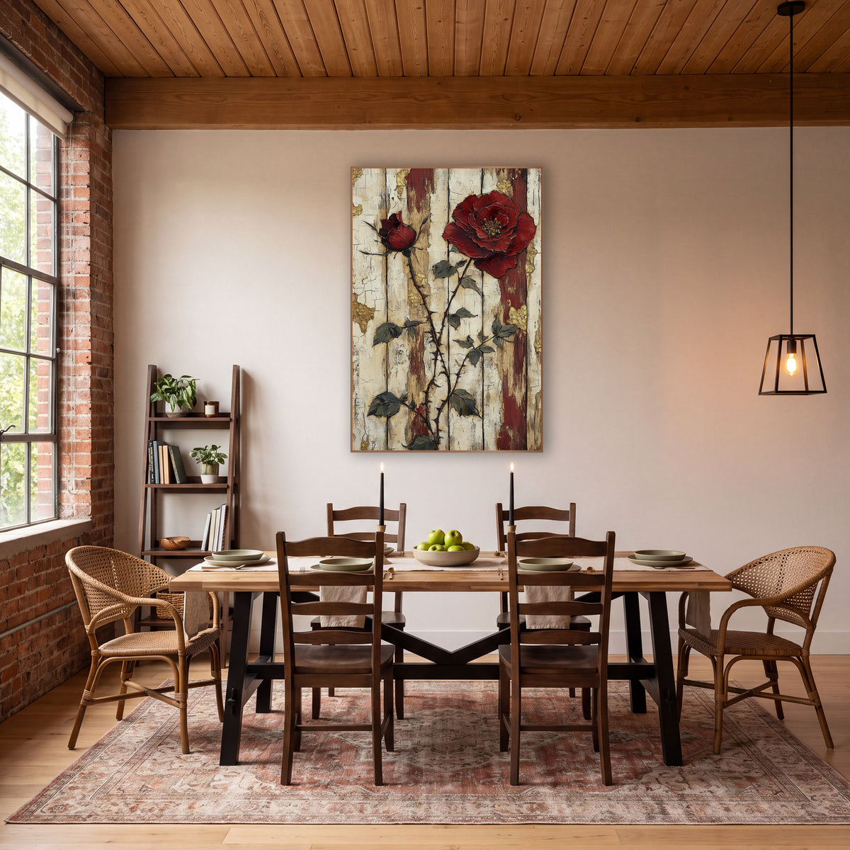 Crimson Rose Rustic Plank Botanical wall art in a farmhouse-style room – large crimson rose and rosebud on thorny