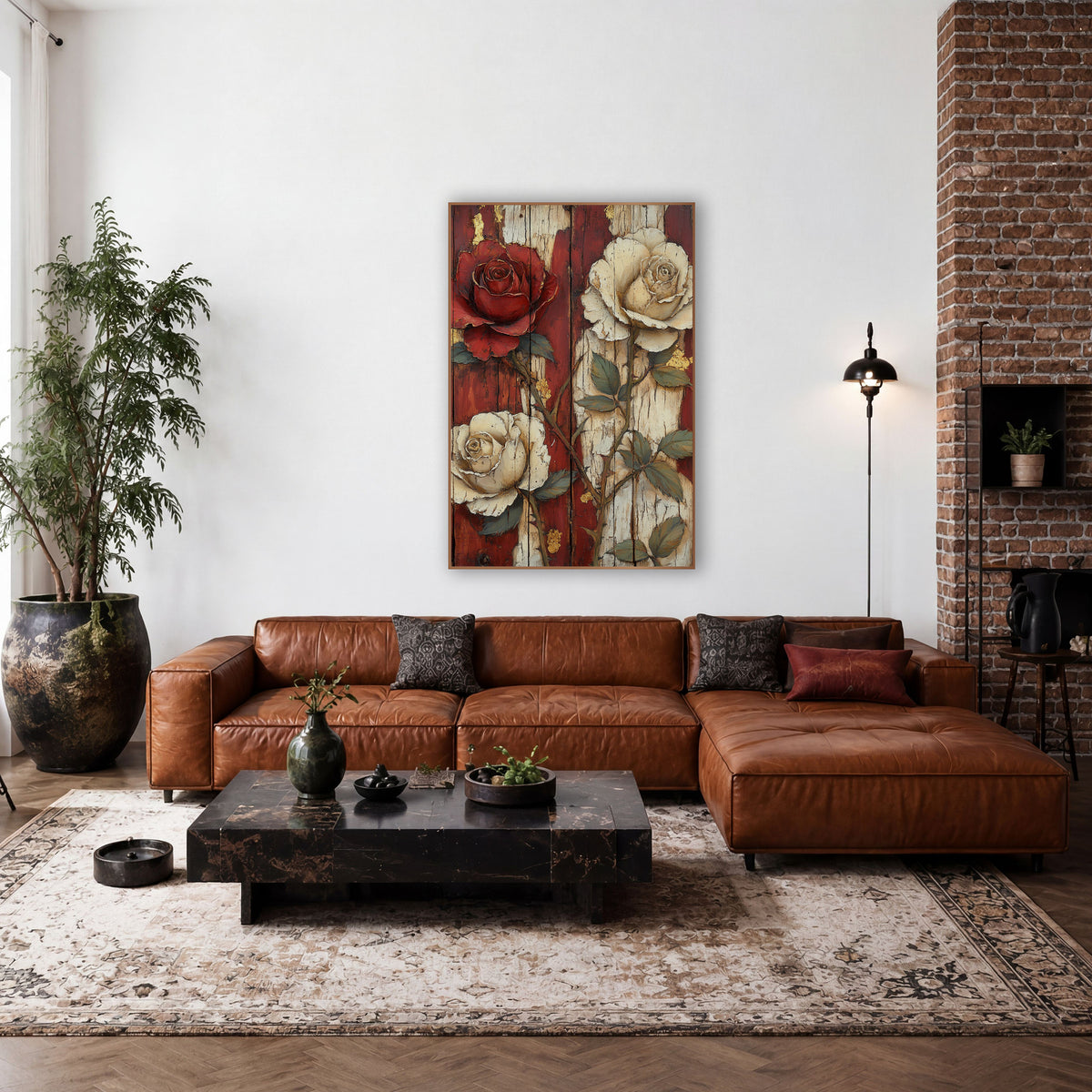 Crimson and Cream Roses Rustic wall art in a farmhouse-style room – red rose and two cream roses with green leaves