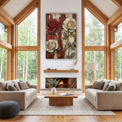 Crimson and Cream Roses Rustic wall art in a farmhouse-style room – red rose and two cream roses with green leaves
