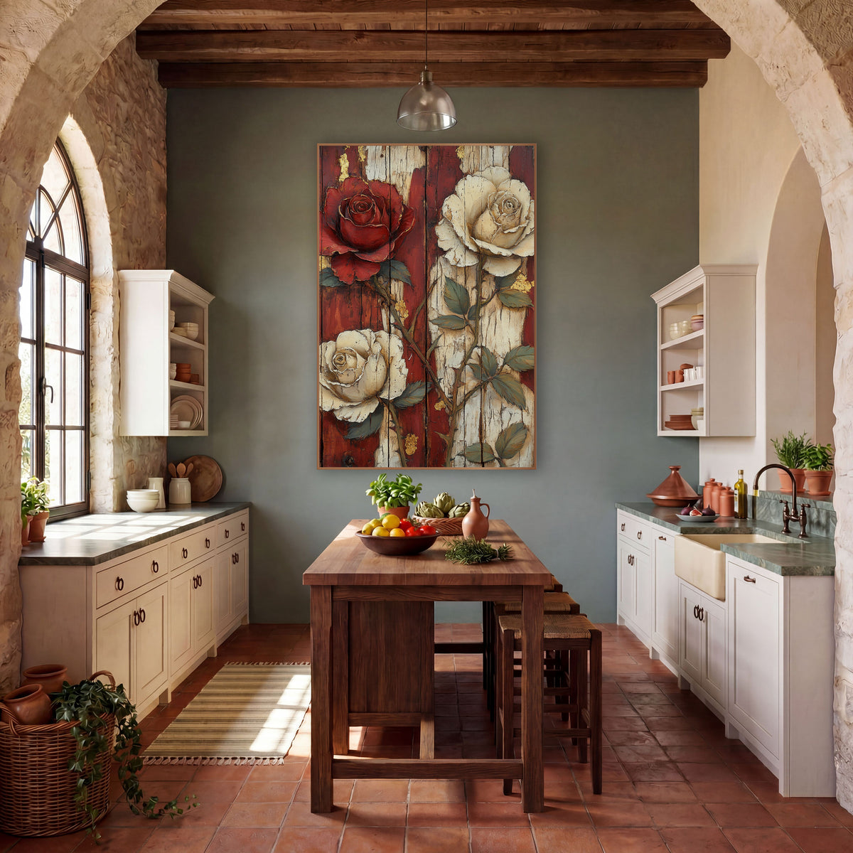Crimson and Cream Roses Rustic wall art in a farmhouse-style room – red rose and two cream roses with green leaves