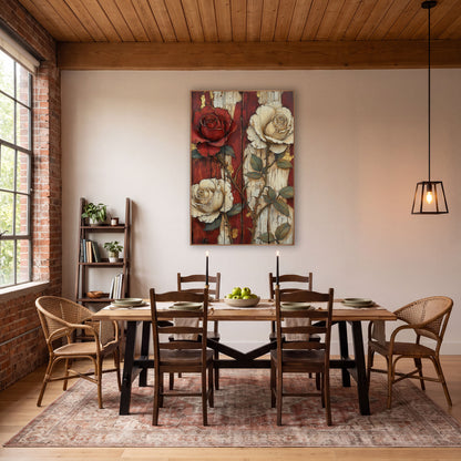 Crimson and Cream Roses Rustic wall art in a farmhouse-style room – red rose and two cream roses with green leaves