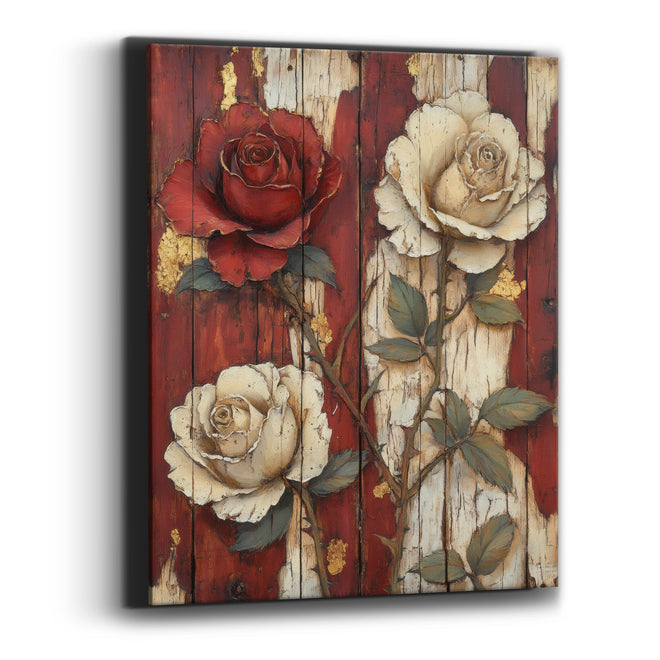 Crimson and Cream Roses Rustic Canvas Wall Art