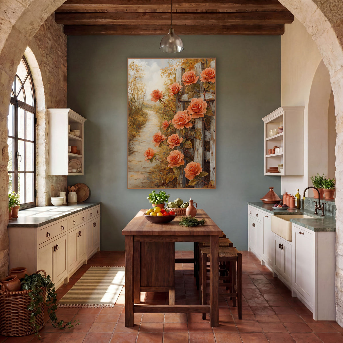 Fence Roses Winding Lane Farmhouse wall art in a farmhouse-style room – coral roses climbing a weathered gray wooden